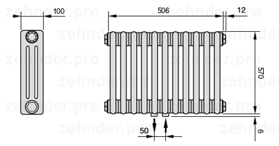 Схема (чертеж) Радиатор Zehnder Charleston 3057/11 №5410 Белый глянцевый RAL 9016
